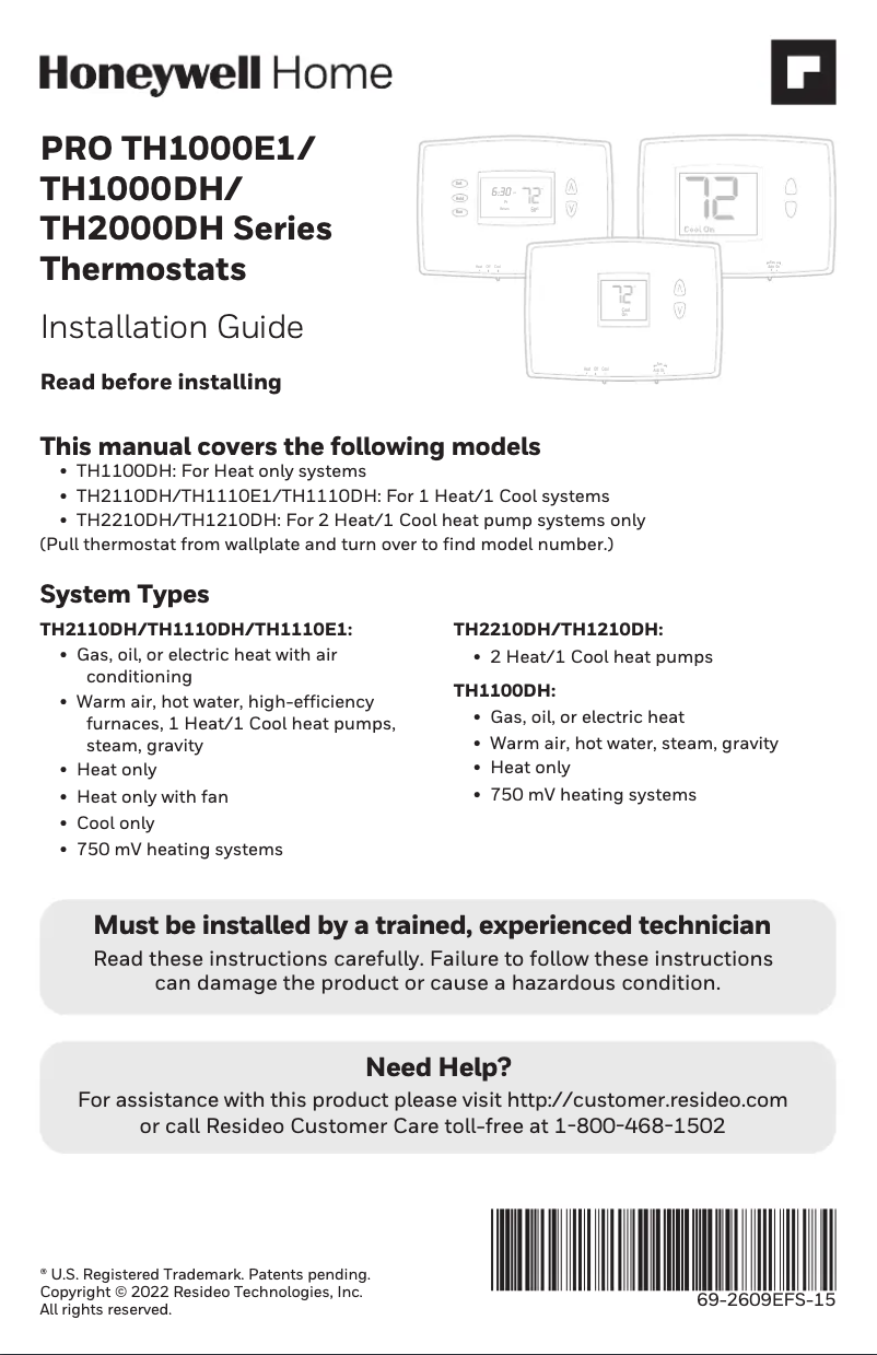 Page 1 de la notice Manuel utilisateur Honeywell TH1110E1000/U