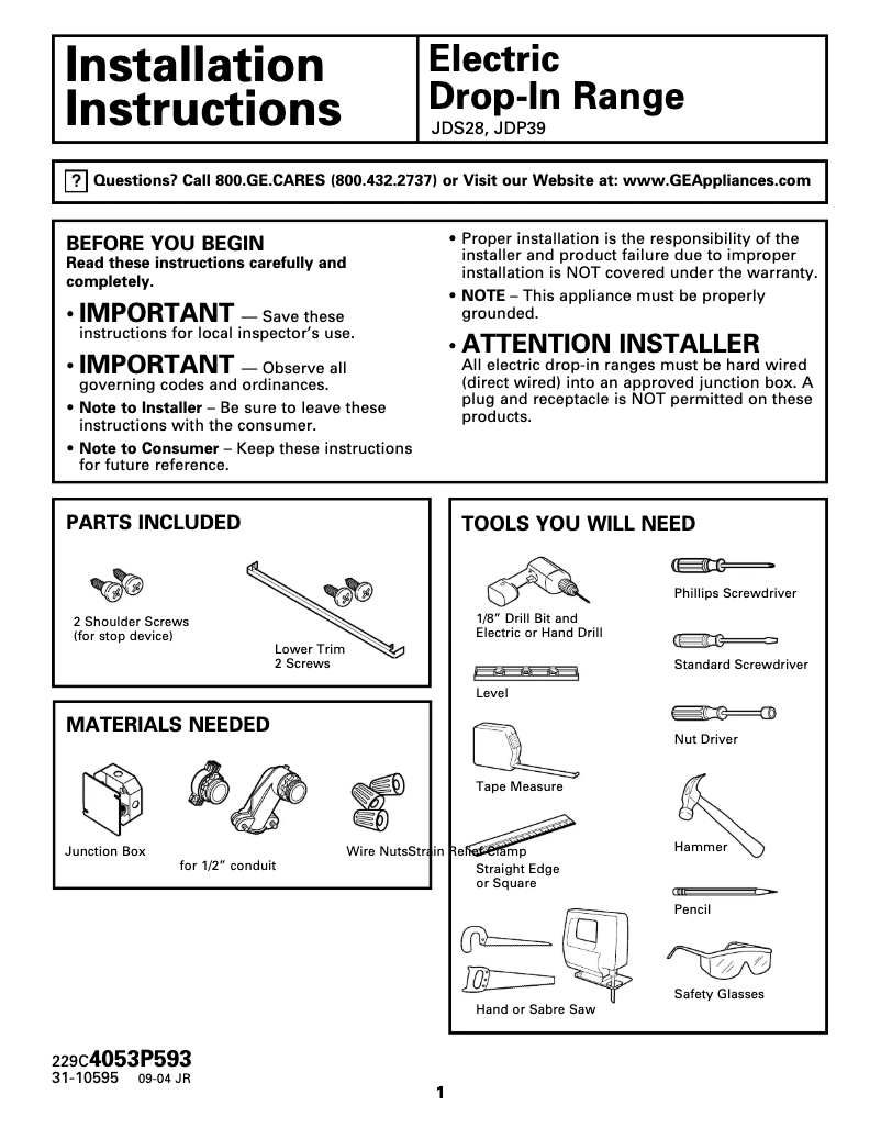 Page n°1 - Guide d'installation GE JDP39WWWW