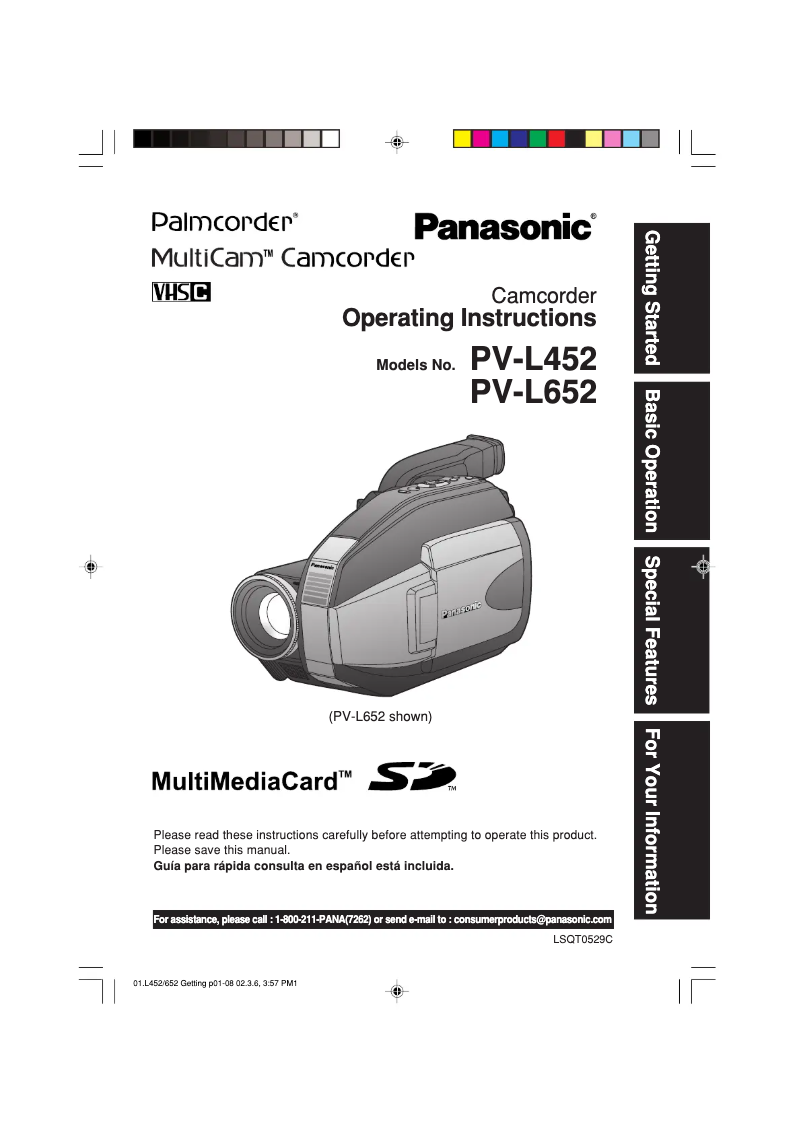 Page 1 de la notice Manuel utilisateur Panasonic Palmcorder PV-L452