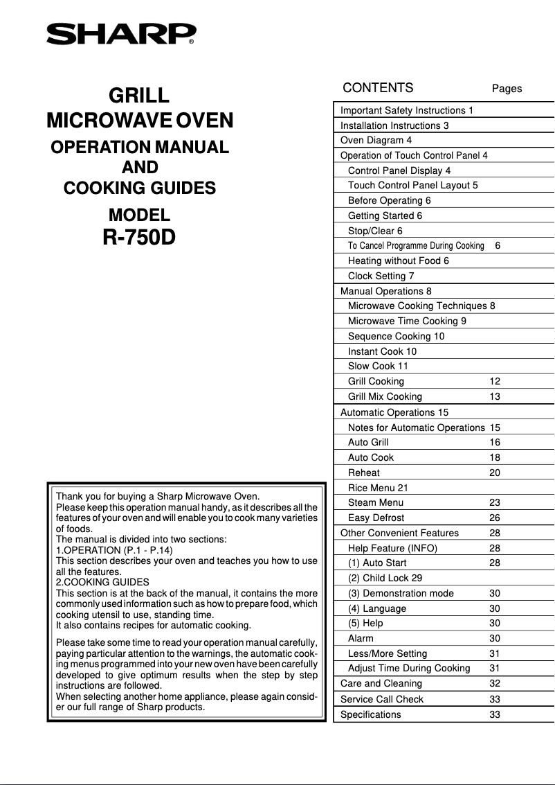 Page 1 de la notice Manuel utilisateur Sharp R-750D