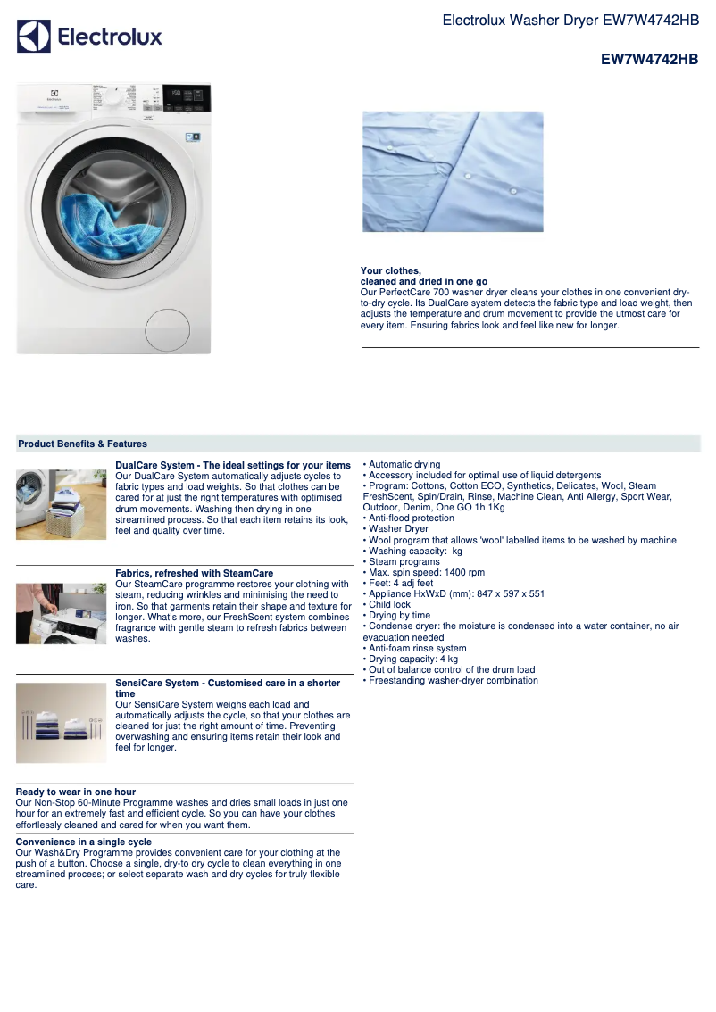 Page 1 de la notice Fiche technique Electrolux EW7W4742HB