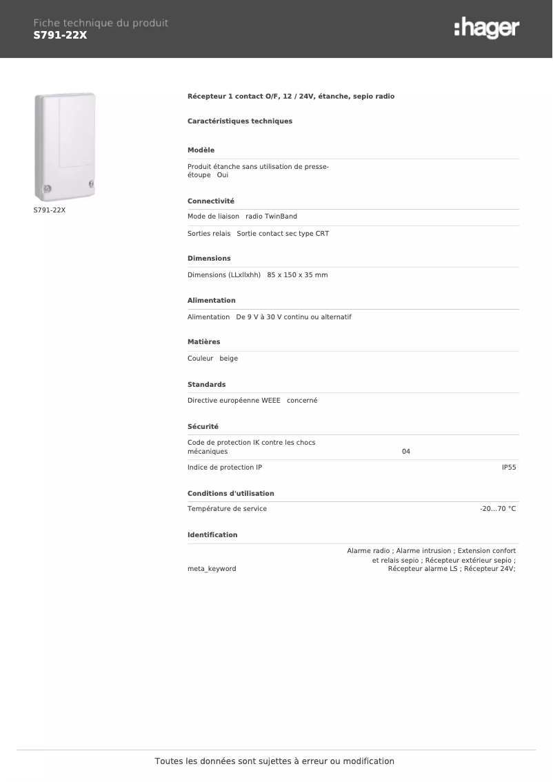 Page n°1 - Fiche technique Hager S791-22X