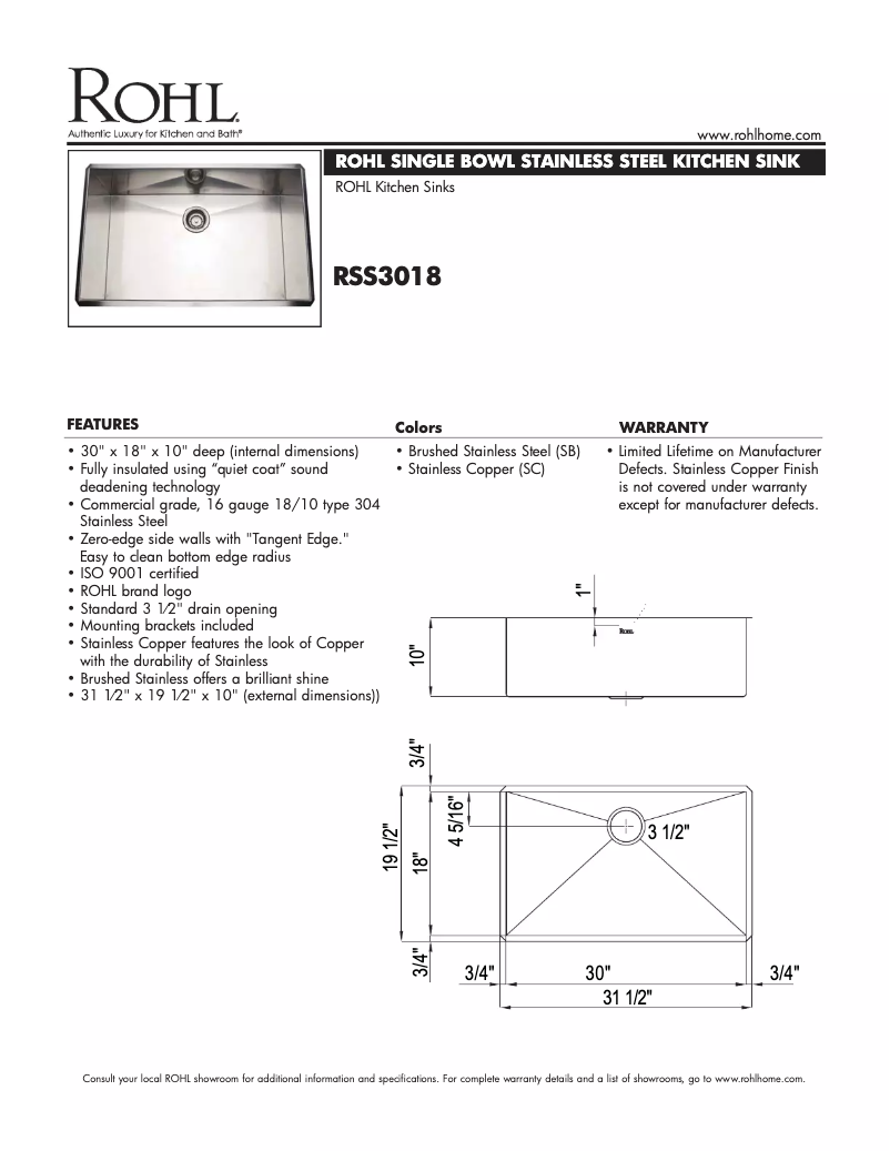 Page n°1 - Fiche technique Rohl RSS3018