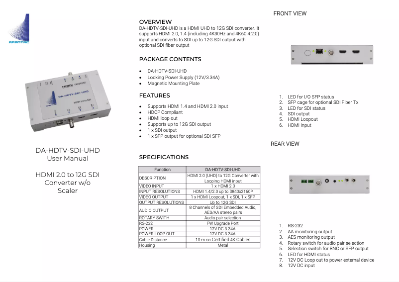 Page 1 de la notice Manuel utilisateur Apantac DA-HDTV-SDI-UHD