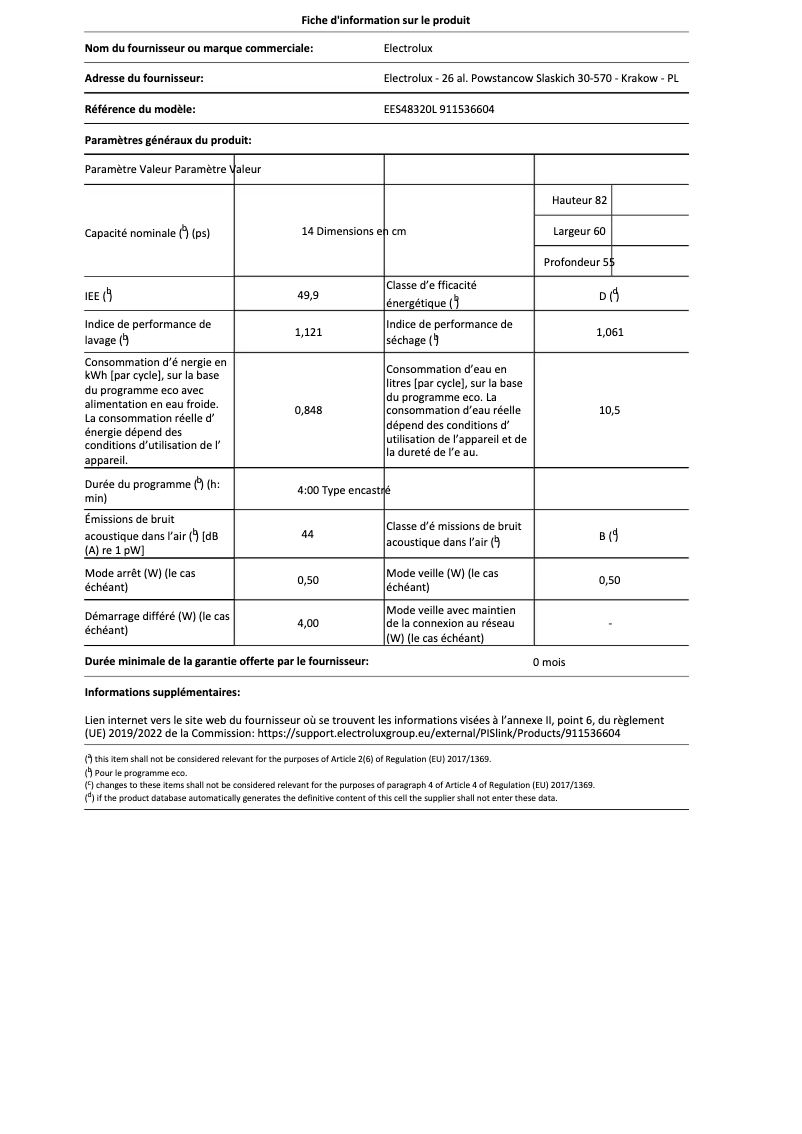 Page 1 de la notice Fiche technique Electrolux EES48320L