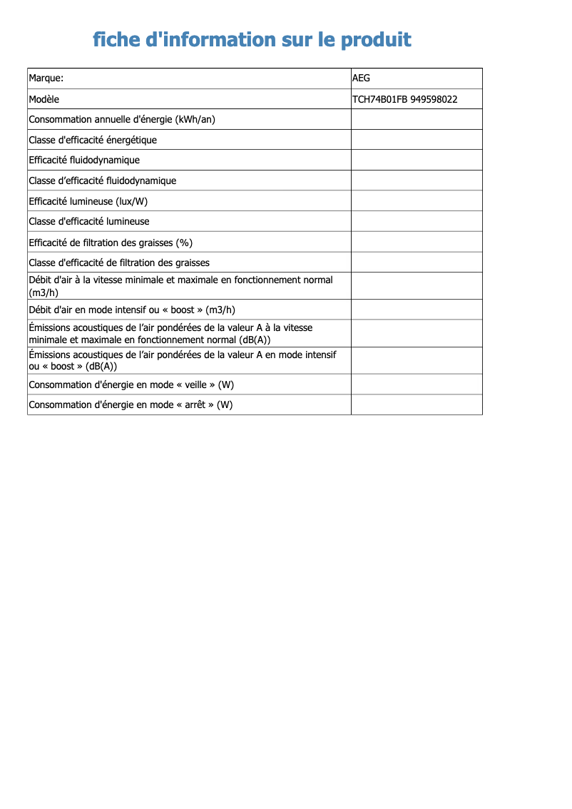 Page 1 de la notice Fiche technique AEG TCH74B01FB