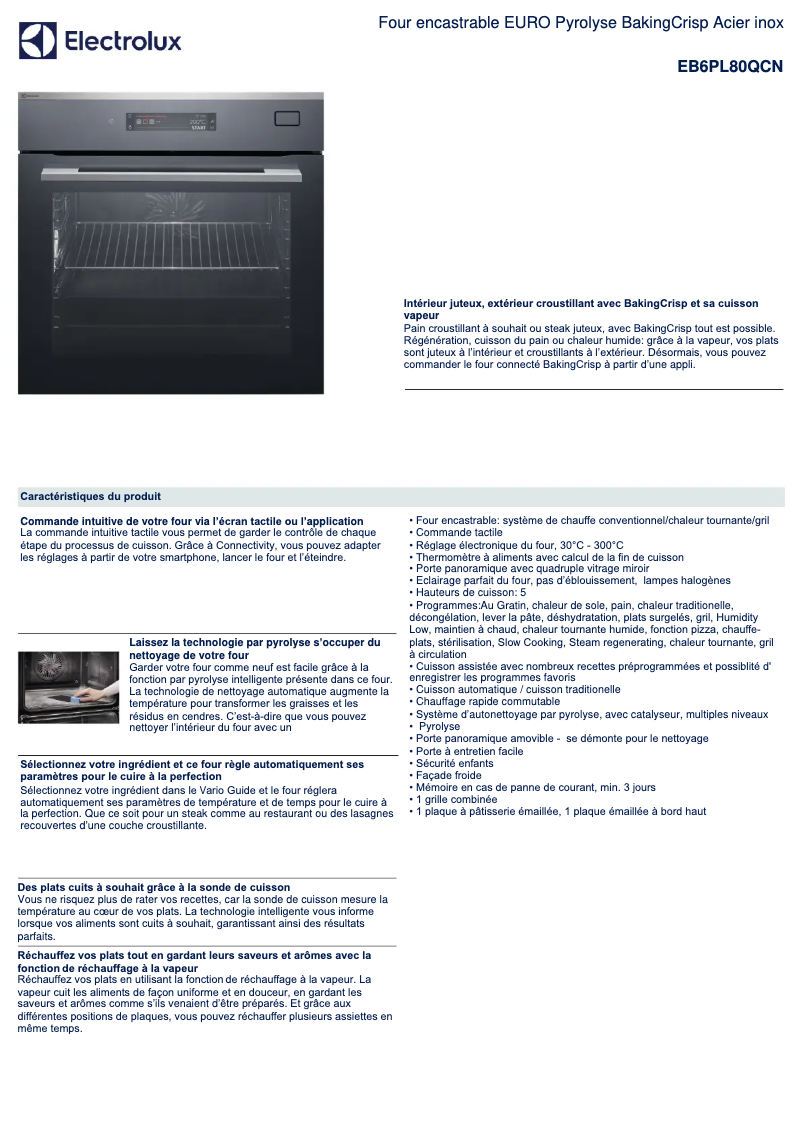 Page 1 de la notice Fiche technique Electrolux EB6PL80QCN