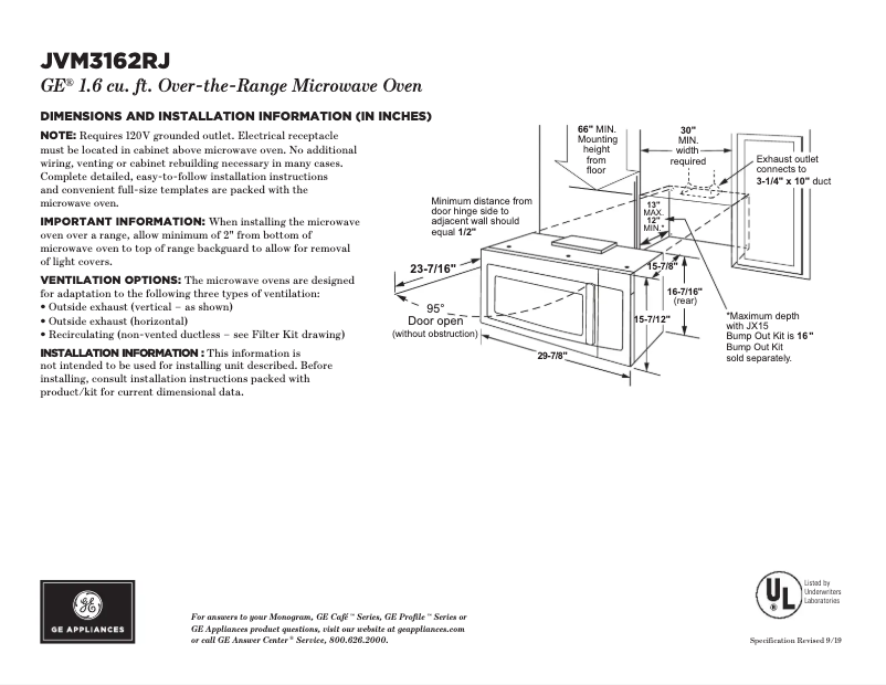 Page 1 de la notice Fiche technique GE JVM3162RJSS