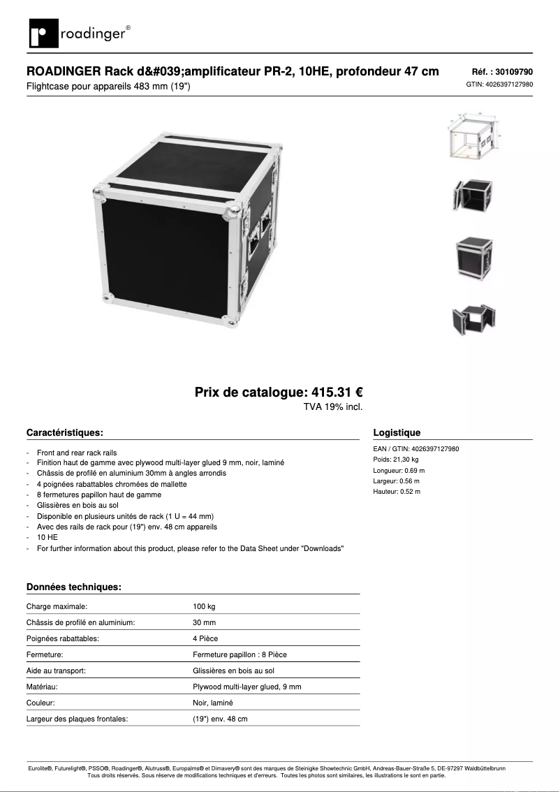 Page 1 de la notice Fiche technique Roadinger Amplifier Rack PR-2