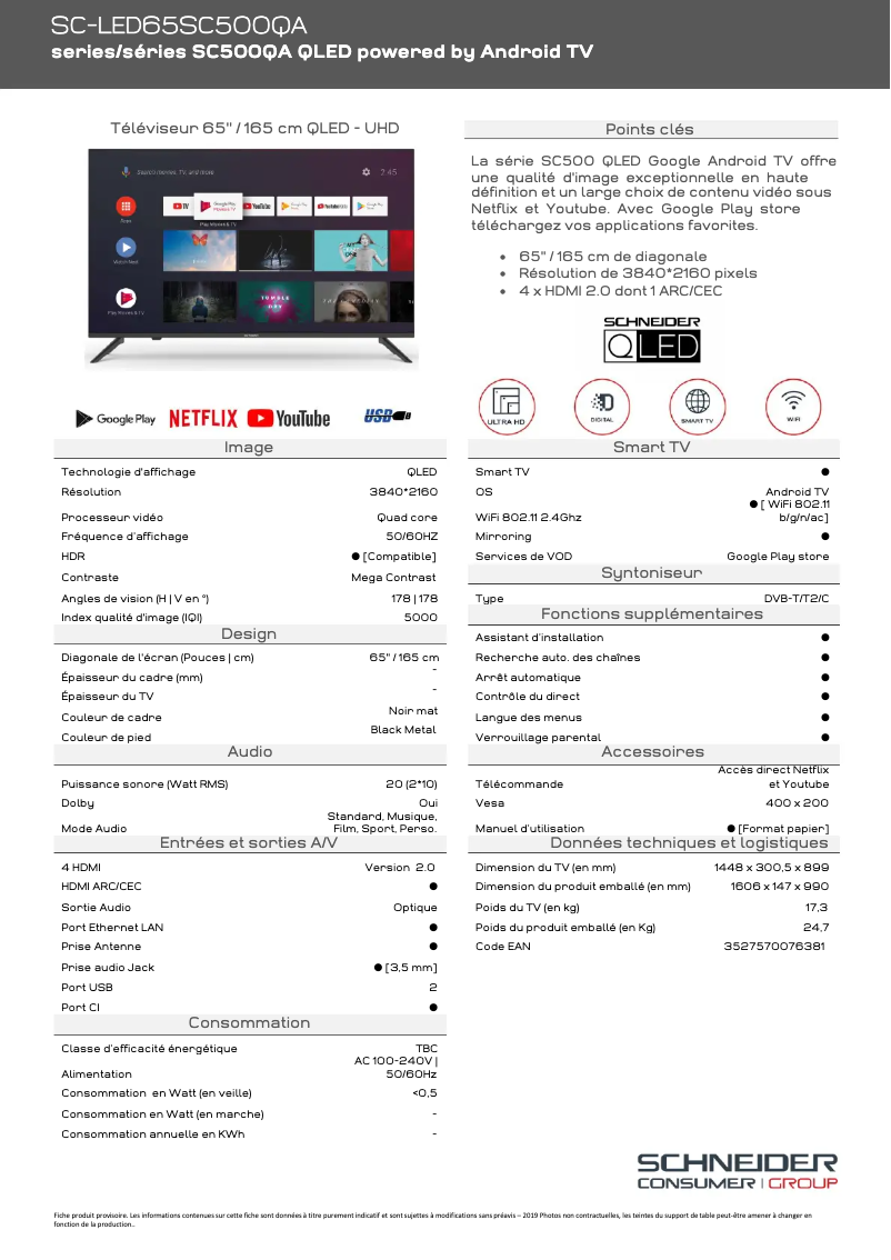 Page 1 de la notice Fiche technique Schneider SC-LED65SC500QA