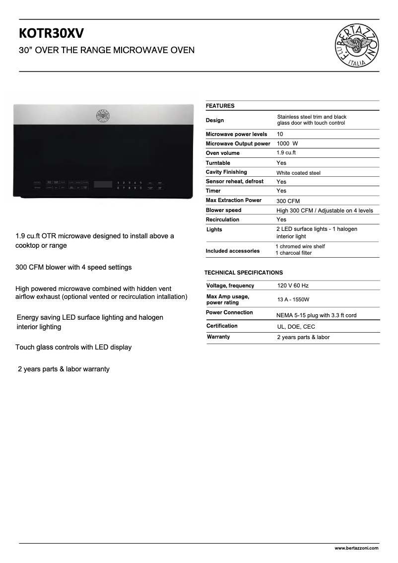 Page 1 de la notice Fiche technique Bertazzoni KOTR30XV