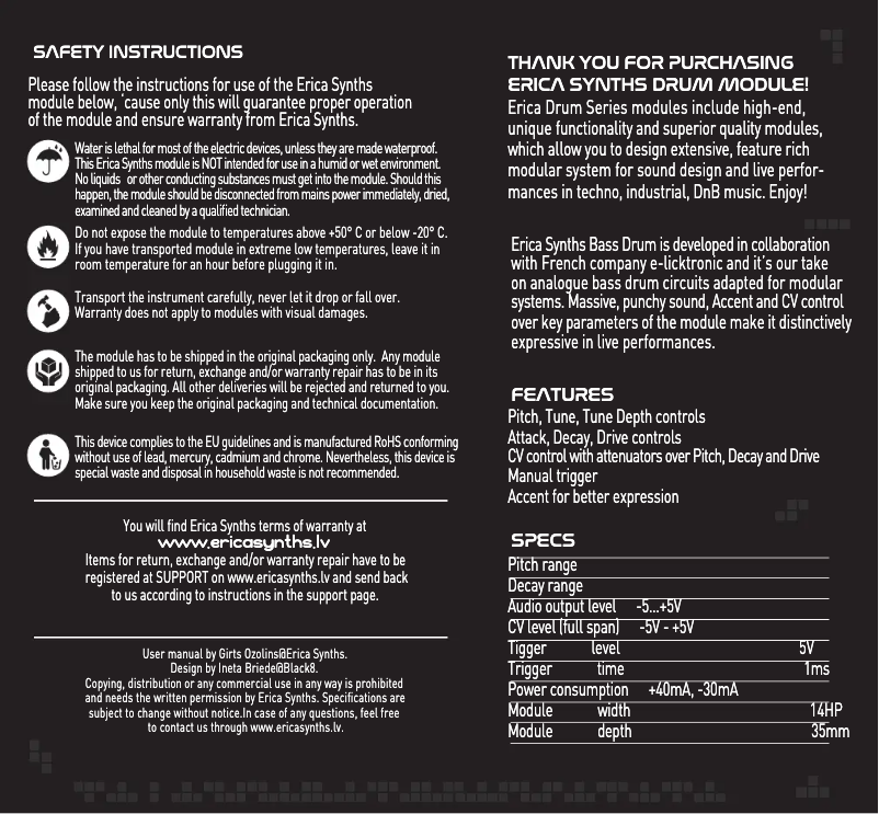 Page 1 de la notice Manuel utilisateur Erica Synths Bass Drum