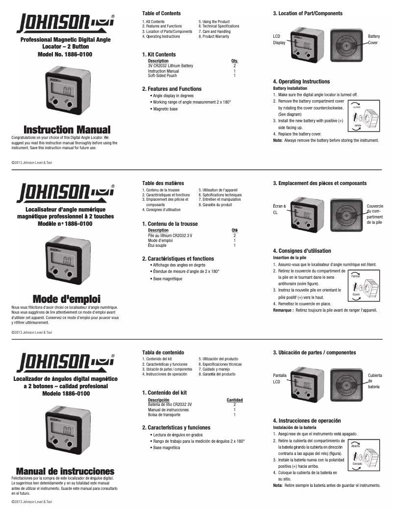 Page 1 de la notice Manuel utilisateur Johnson Level 1886-0100