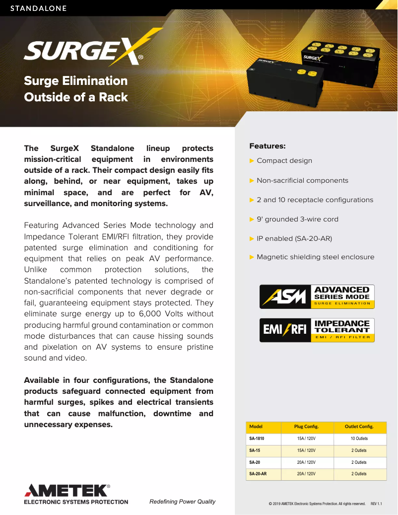 Page 1 de la notice Fiche technique SurgeX SA-1810