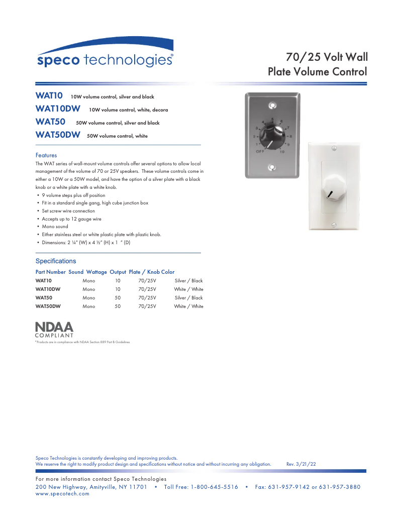 Page 1 de la notice Fiche technique Speco Technologies WAT10DW