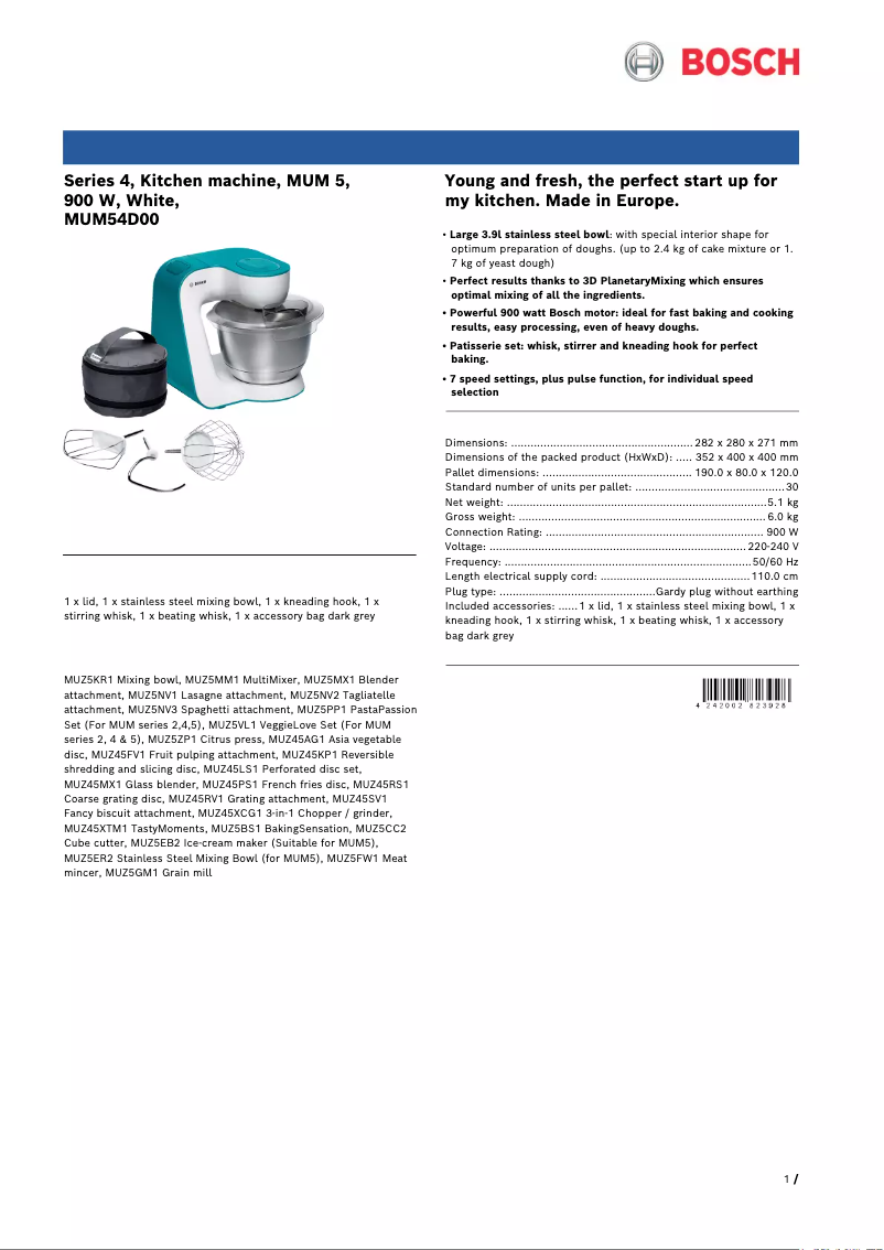 Page 1 de la notice Fiche technique Bosch MUM54D00