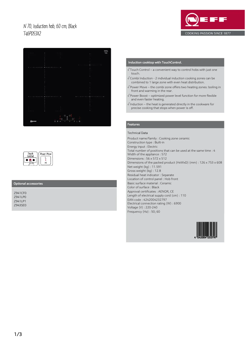 Page 1 de la notice Fiche technique Neff T46PD53X2