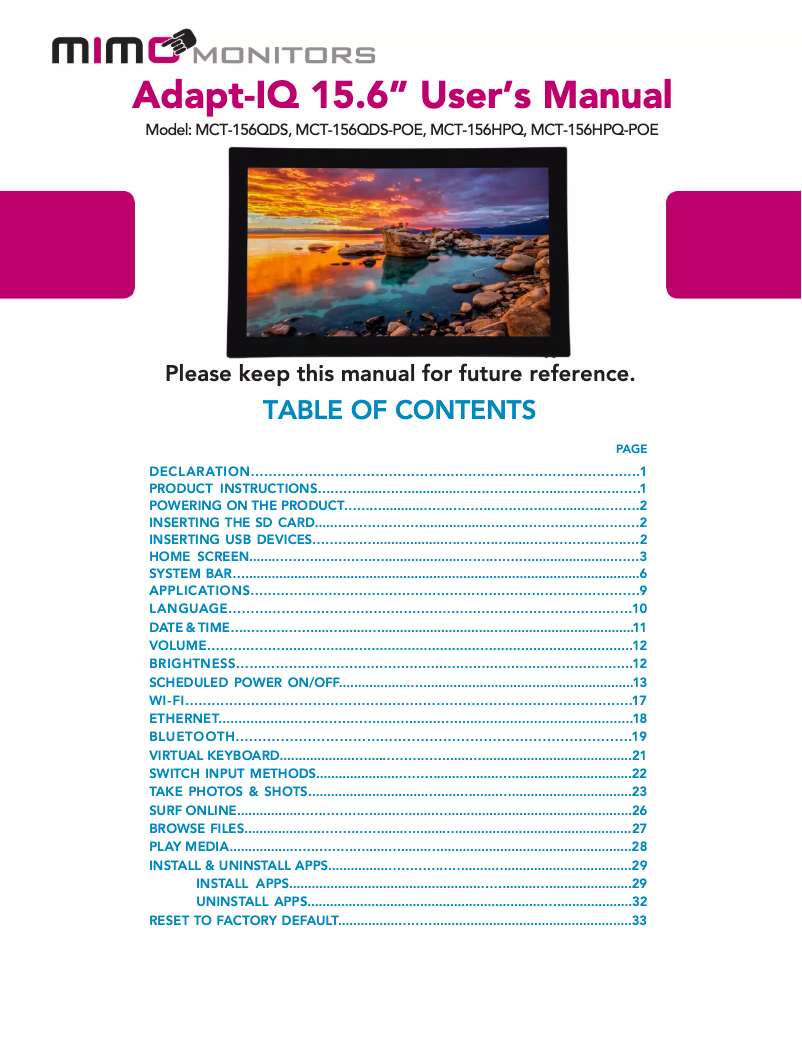 Page 1 de la notice Manuel utilisateur Mimo Monitors Adapt-IQV MCT-156HPQ-POE
