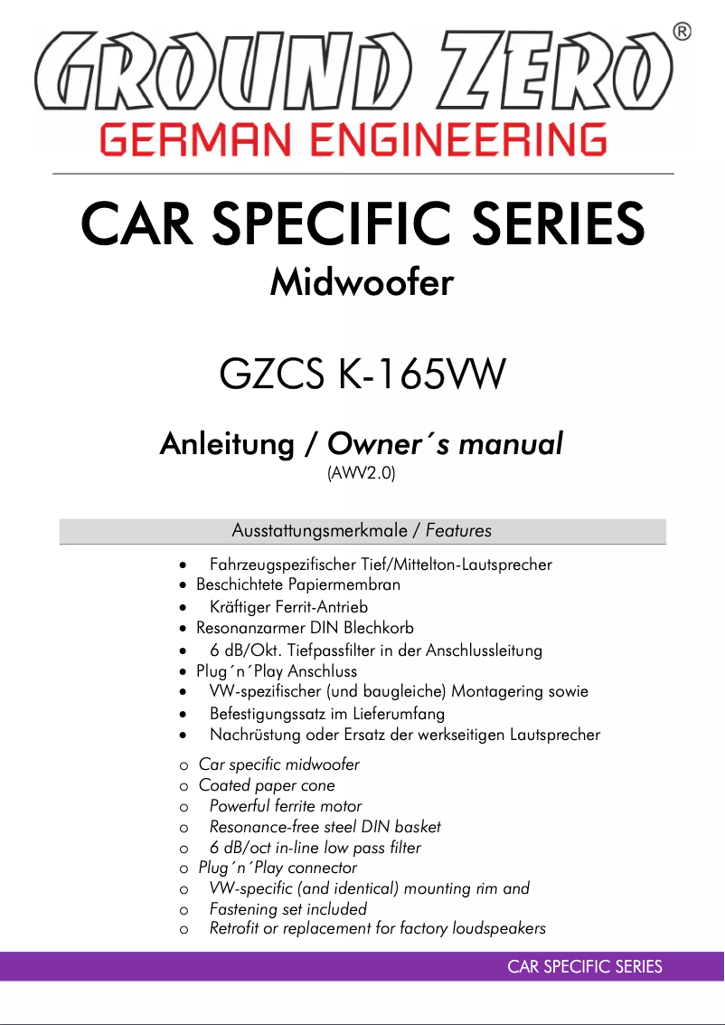 Page 1 de la notice Manuel utilisateur Ground Zero GZCS K-165VW