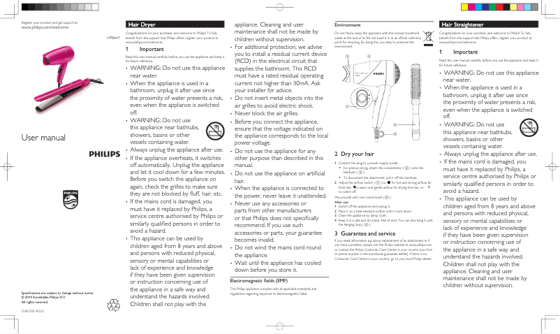 Page 1 de la notice Manuel utilisateur Philips Miss Fresher's Care HP8647