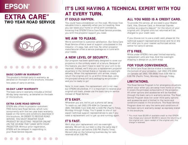 Page 1 de la notice Informations de garantie Epson PowerLite 8100i