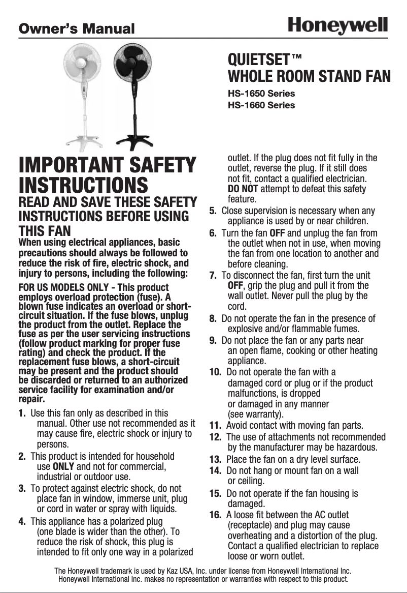 Page n°1 - Manuel utilisateur Honeywell QuietSet HS-1655 