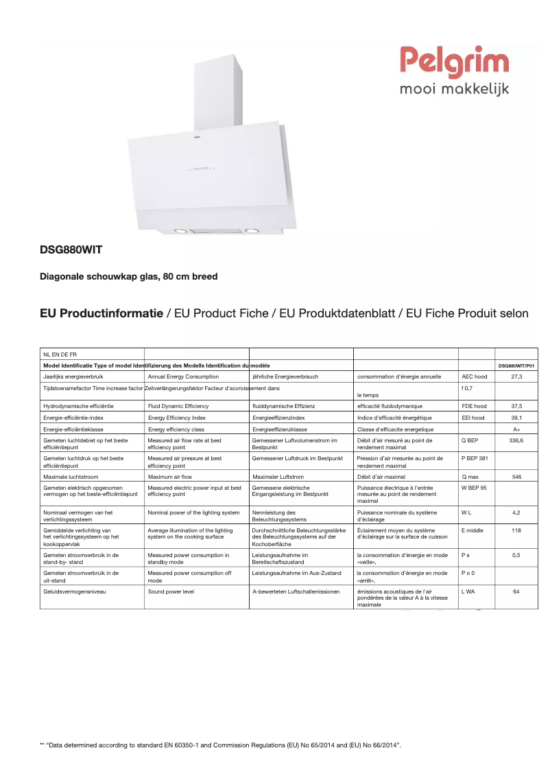 Page 1 de la notice Fiche technique Pelgrim DSG880WIT