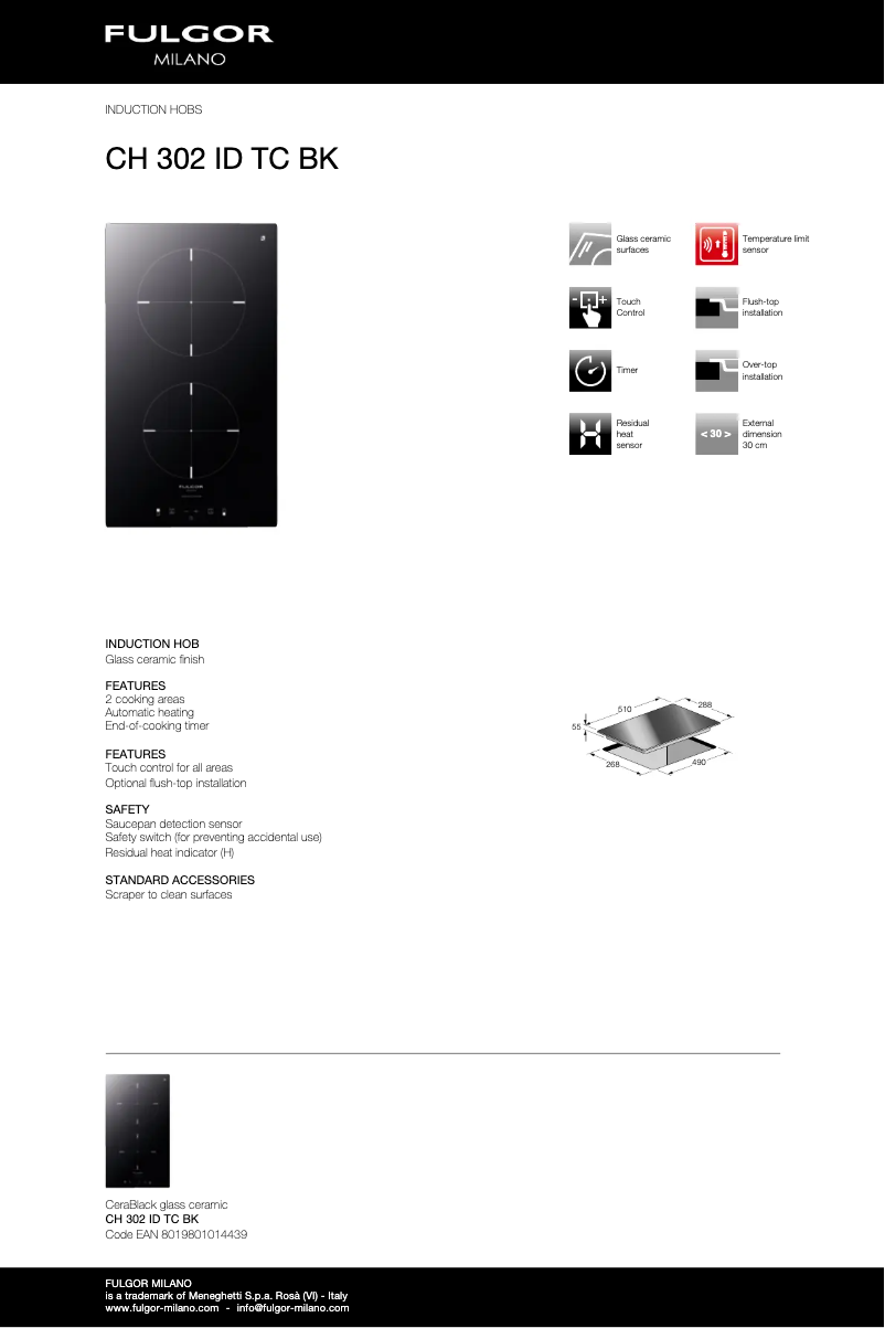 Page 1 de la notice Fiche technique Fulgor Milano CH 302 ID TC
