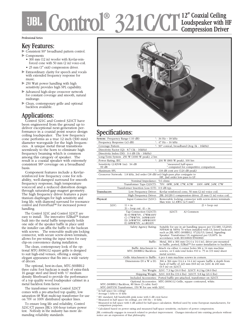 Page 1 de la notice Fiche technique JBL Control 321C