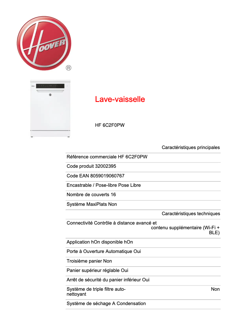 Page 1 de la notice Fiche technique Hoover HF 6C2F0PW