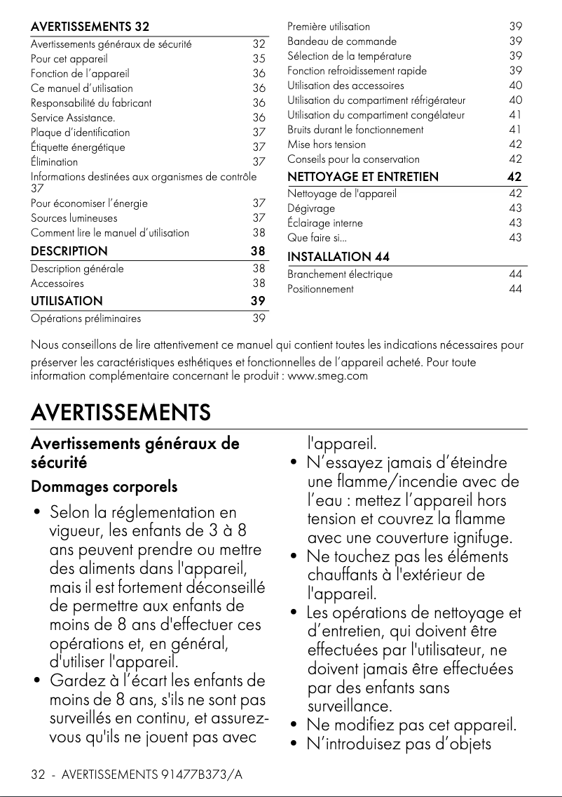 Page 1 de la notice Manuel utilisateur Smeg FAB10LOR6