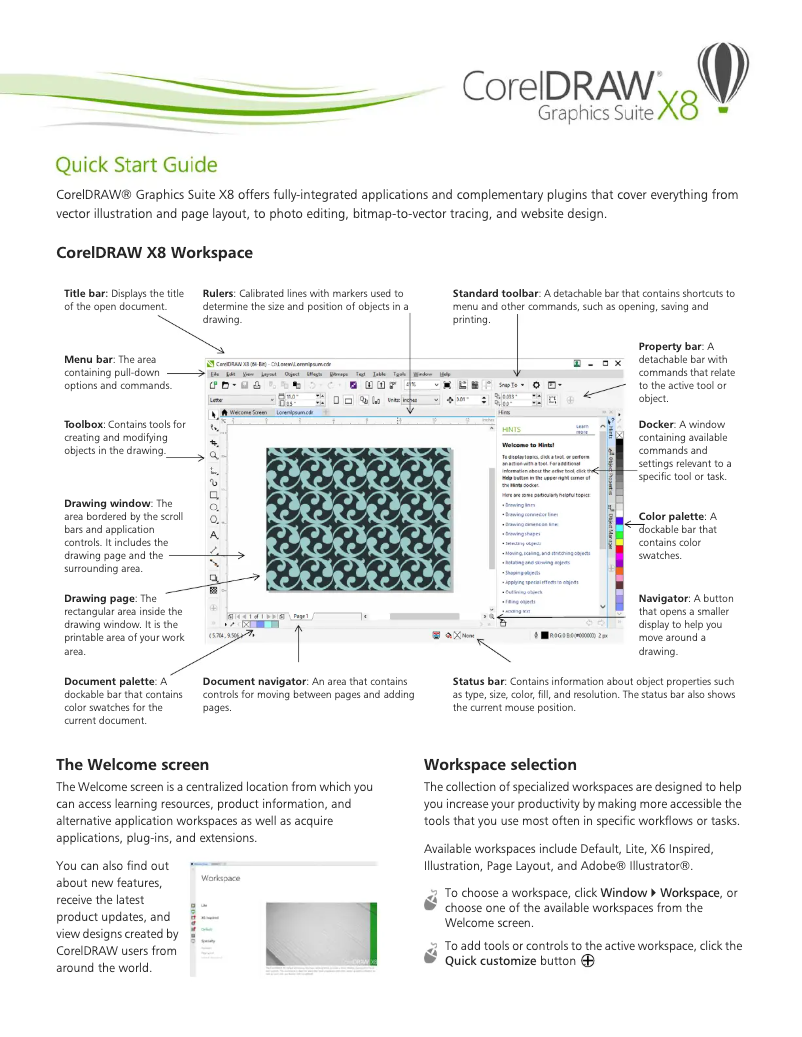 Page 1 de la notice Guide de démarrage rapide Corel DRAW Graphics Suite X8