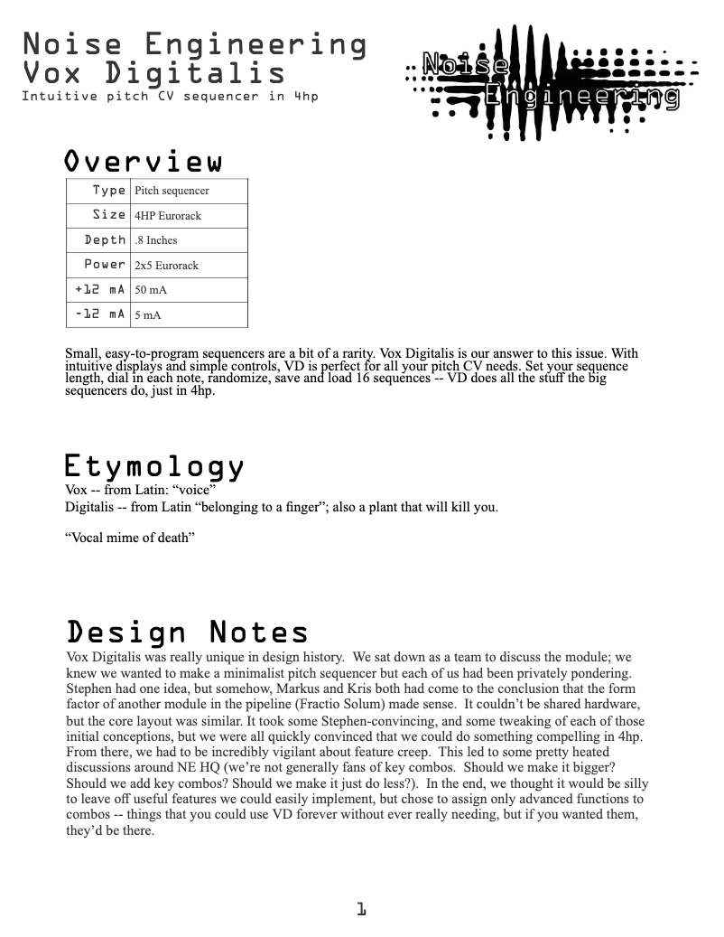 Page n°1 - Manuel utilisateur Noise Engineering Vox Digitalis