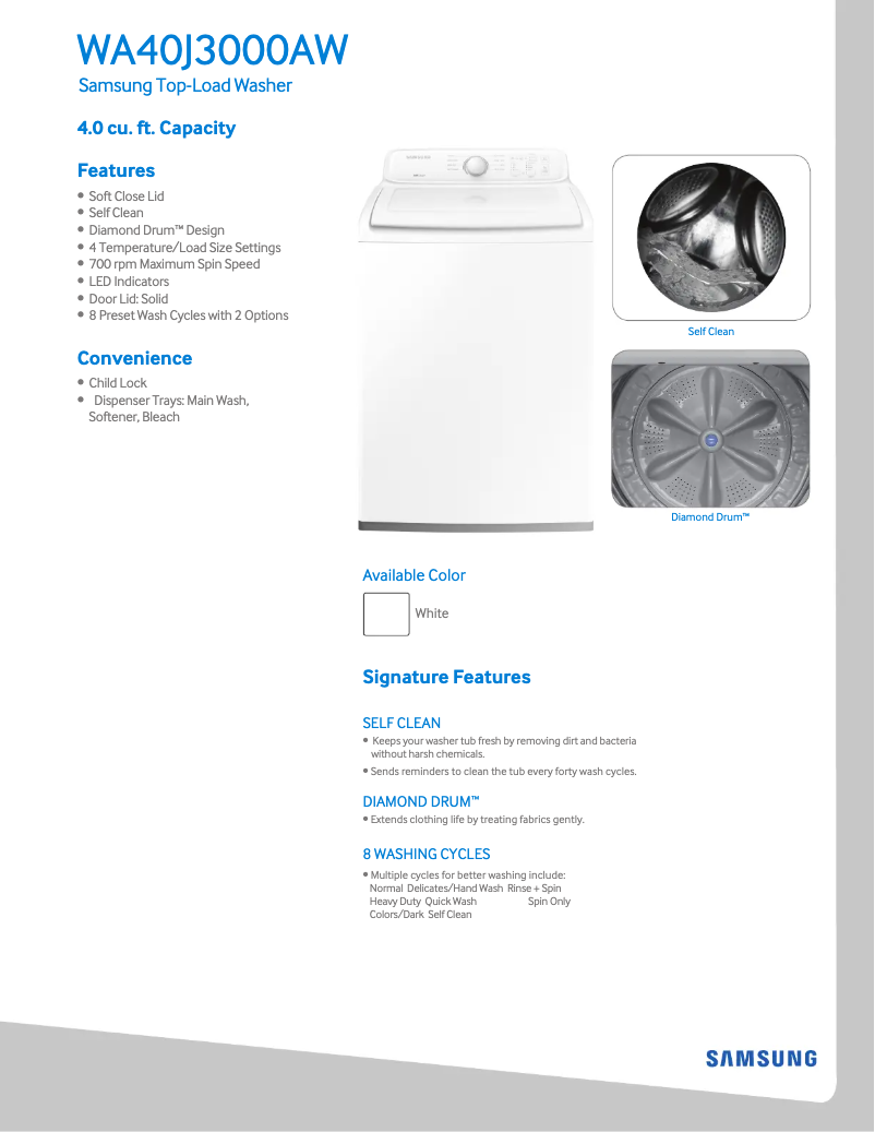 Page 1 de la notice Fiche technique Samsung WA40J3000AW