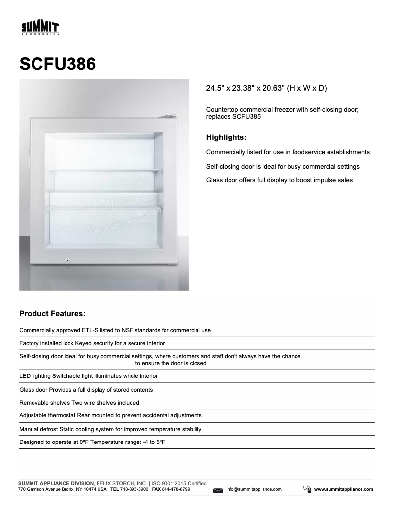 Página 1 del manual Ficha técnica Summit SCFU386