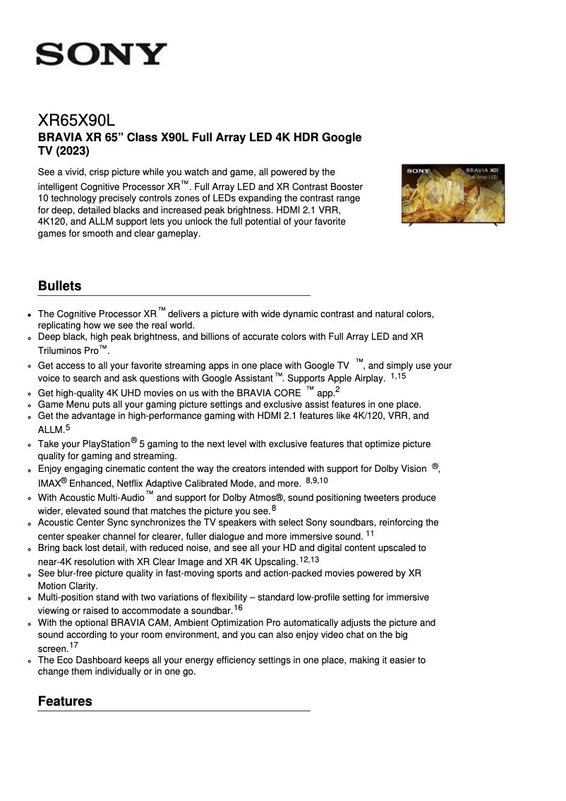 Página 1 del manual Ficha técnica Sony XR-65X90L