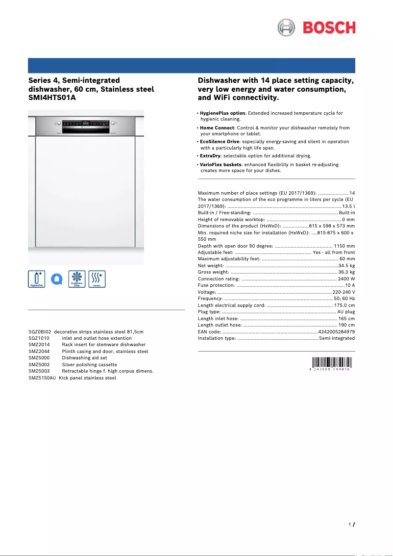 Page n°1 - Fiche technique Bosch SMI4HTS01A