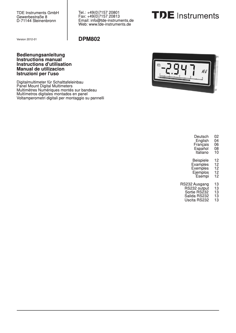 Page 1 de la notice Manuel utilisateur TDE Instruments DPM802-TW