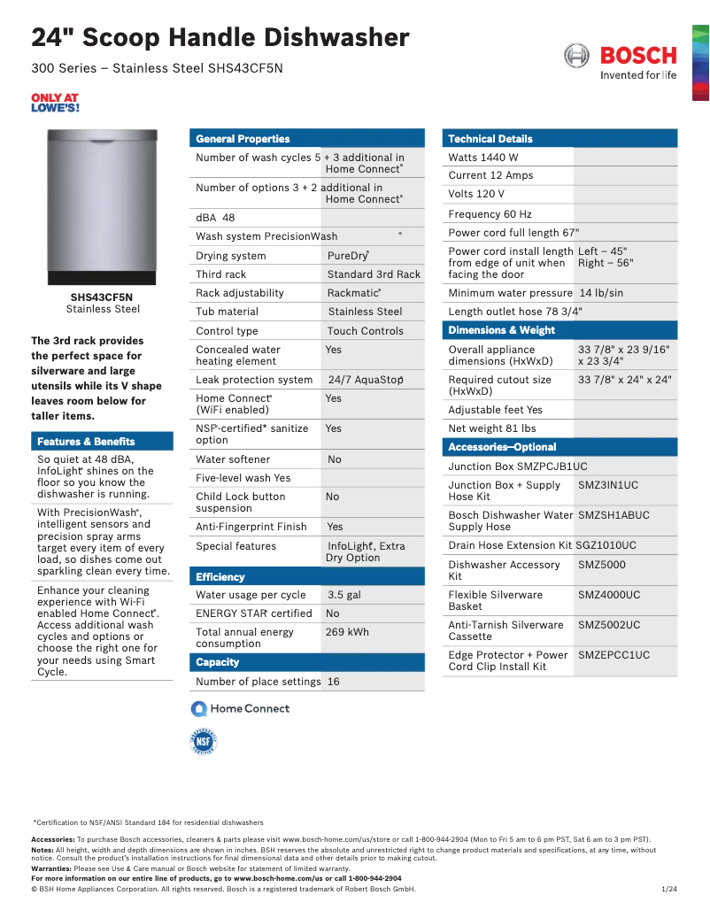 Page 1 de la notice Fiche technique Bosch SHS43CF5N