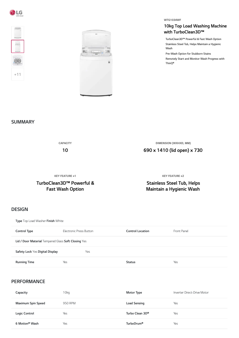 Page 1 de la notice Fiche technique LG WTG1034WF