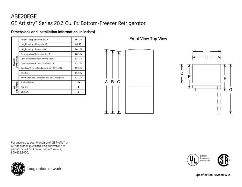 Página 1 del manual Ficha técnica GE Artistry ABE20EBS