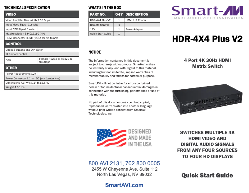 Page n°1 - Guide de démarrage rapide Smart-AVI HDR-4X4-PLUS V2