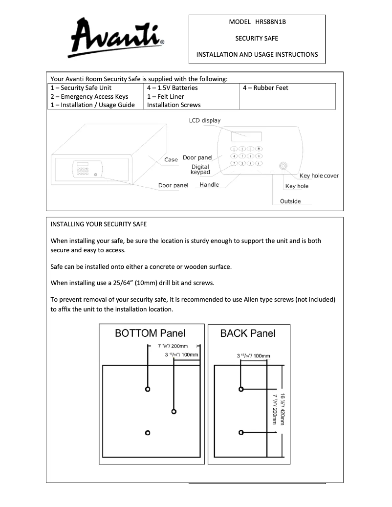 Page 1 de la notice Manuel utilisateur Avanti HRS88N1B