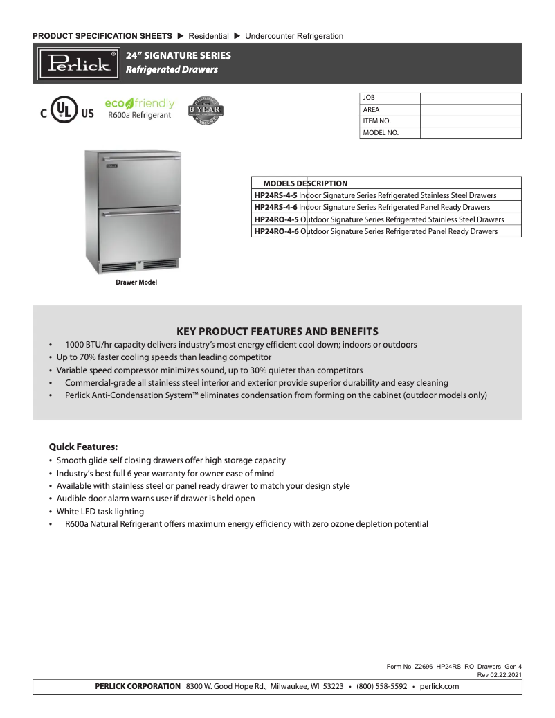 Page n°1 - Fiche technique Perlick HP24RS-4-5