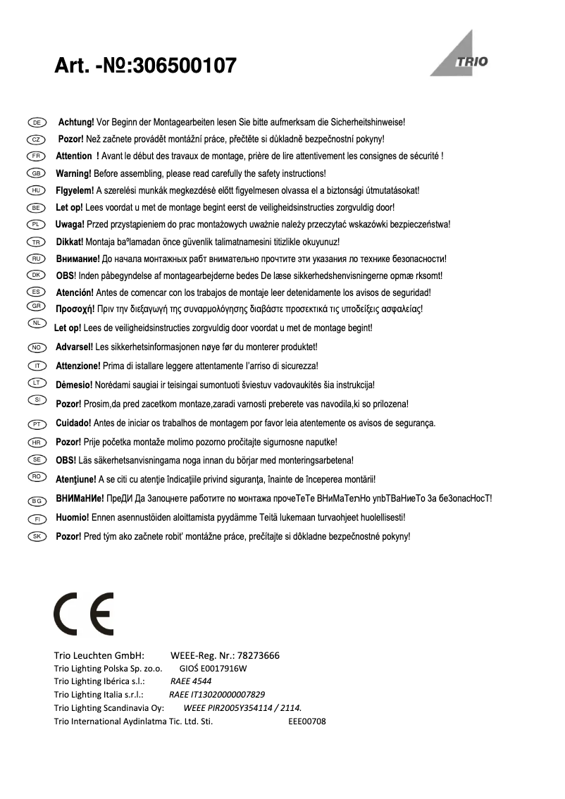 Page 1 de la notice Manuel utilisateur Trio Lighting Cosinus 306500107