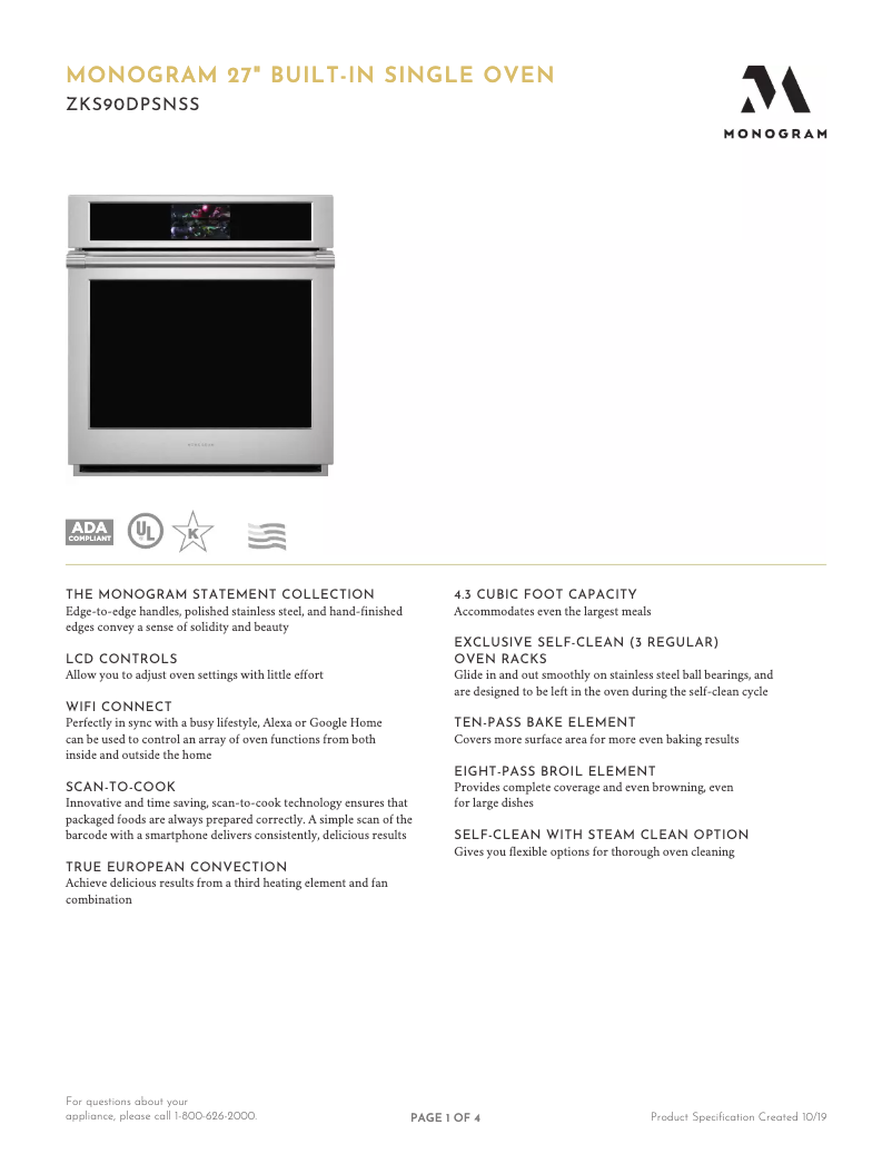 Page 1 de la notice Fiche technique Monogram ZKS90DPSN