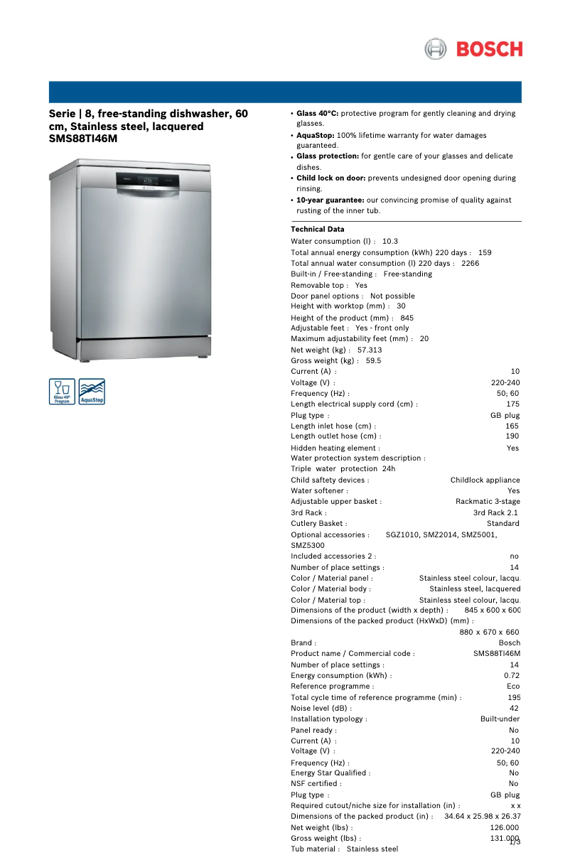 Page n°1 - Fiche technique Bosch SMS88TI46M