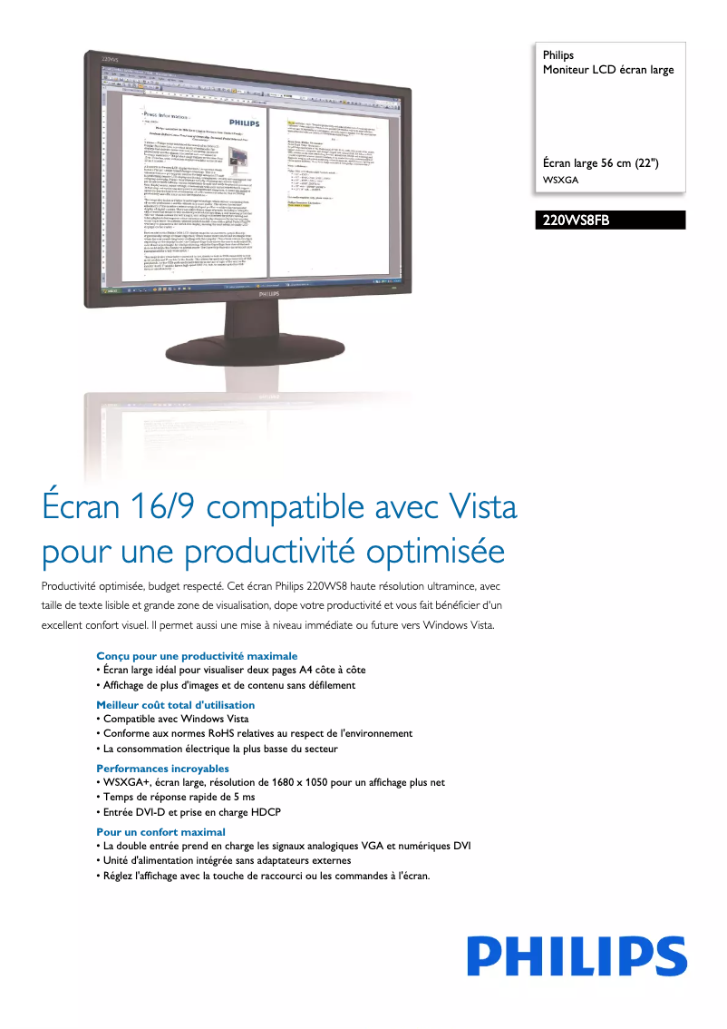 Page 1 de la notice Fiche technique Philips 220WS8FB