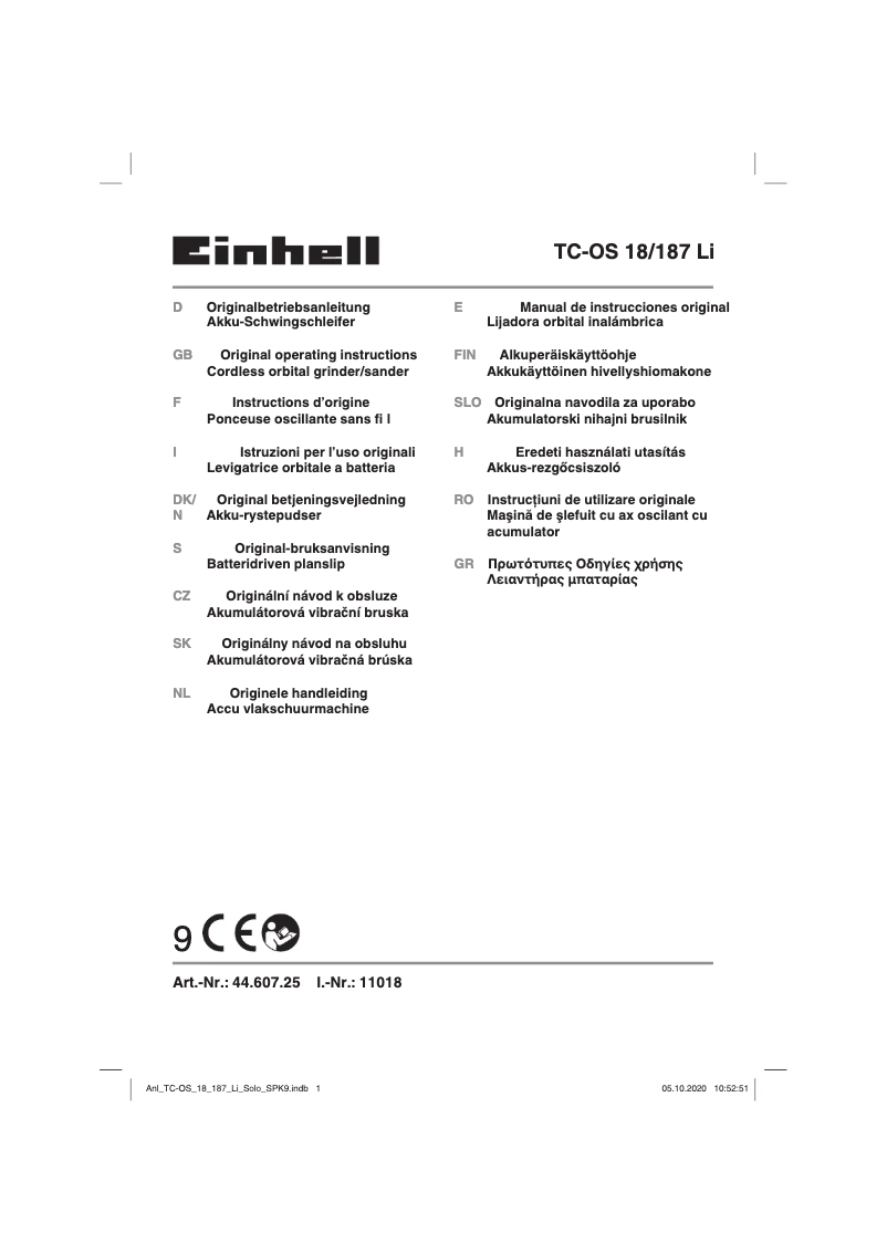 Page 1 de la notice Manuel utilisateur Einhell TC-OS 18/187 Li