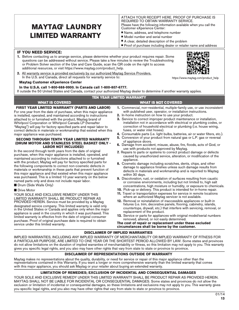 Page 1 de la notice Informations de garantie Maytag MGDC465HW
